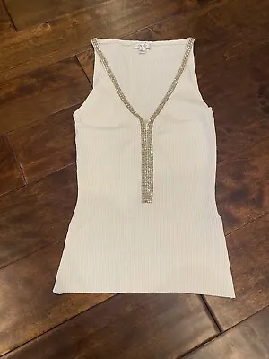 $24 • Buy Cache Women's Shirt White Ribbed Sleeveless Tank Top W/ Rhinestone Neckline XS