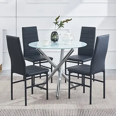 4x Black Faux Leather Dining Chairs & Round Marble Glass Dining Table Silver Leg • $189.99