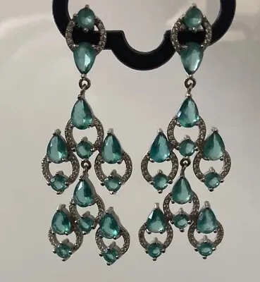 925 Silver Lab Created Aquamarine & Zircon Earrings Gemstone Party Chandelier • £16.10