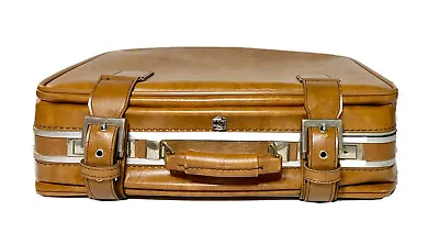 Late 1960s U.S. Luggage Double Belt Buckle Expandable Vinyl Suitcase Brown VTG • $45