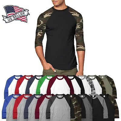 Mens Raglan T Shirts Baseball 3/4 Sleeve CAMO Plain Tee Jersey Team Sports • $11.99