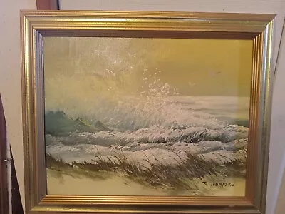 Vintage Oil On Canvas Beach Waves Seascape Painting Signed R. Thompson 14  X 17  • $29.95