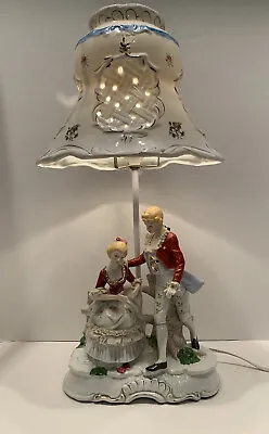 Vintage Porcelain Lamp And Shade Colonial/ Victorian Couple Dresden Lace Style  • $60