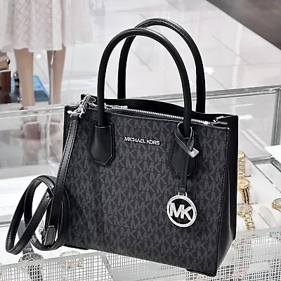 Michael Kors Mercer Medium Messenger Crossbody Bag MK Logo Signature Black • $98
