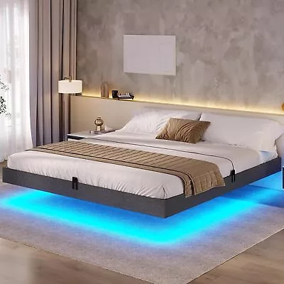 Floating Bed Frame W/LED Light Morden Metal Platform Bed Easy Assembly Dark Grey • $149.89