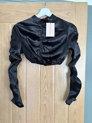 Missguided  Petite Black High Neck Ruched Satin Crop Top Size 6 • £3