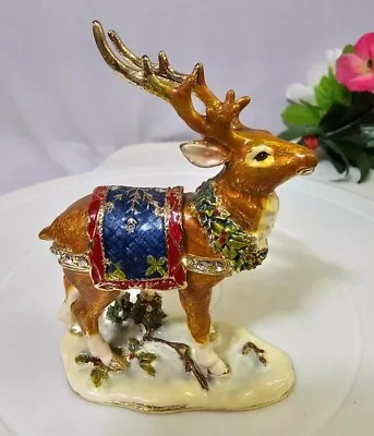 Bejeweled Enamel Metal Christmas Tree Reindeer Trinket Box W Clear Stones- A5 • $49.99