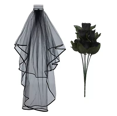 Halloween Corpse Zombie Bride Veil Dead Roses Fancy Dress Gothic Day Of The Dead • £5.79