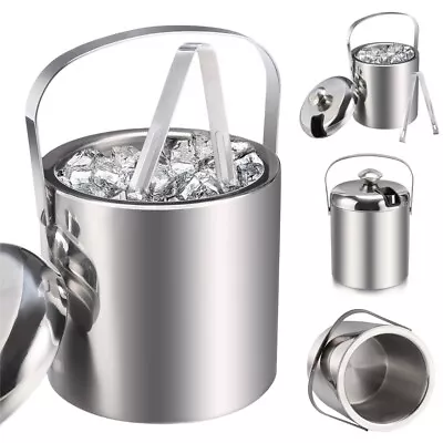 1.2 L Double Walled Stainless Steel Insulated Ice Bucket With Lid & Tong Party • £16.99