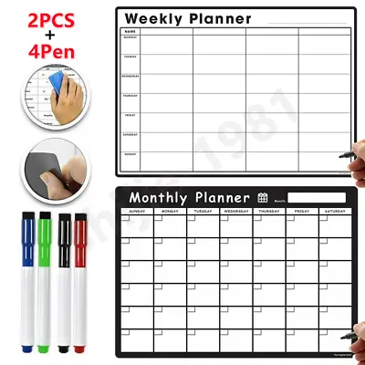 2x A3 Magnetic Weekly/Monthly Planner Fridge Board - Notice Memo Meal Whiteboard • £8.99