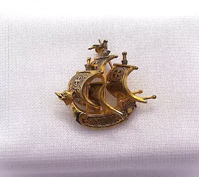 Vintage Damascene Spanish Galleon Sailing Ship Brooch Marked Spain Dragon Bow • $9.95