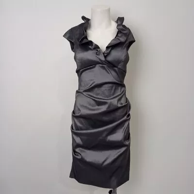 Xscape Joanna Chen Dress Size 12 Metallic Grey Ruffle Neck -WRDC • £7.99