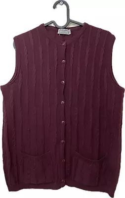 Jaeger Wool Waistcoat Cardigan Cable Knit Red Burgundy Vintage Size 12 14 • £35