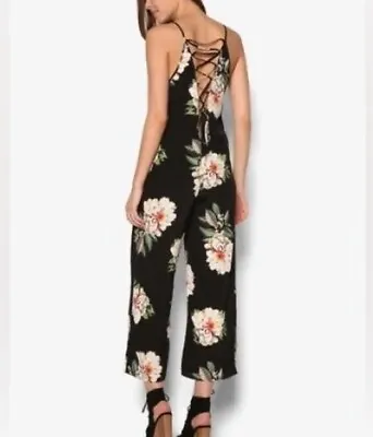 TopShop Black Floral Viscose Tie Back Wide Leg  Jumpsuit Size 8 • £10