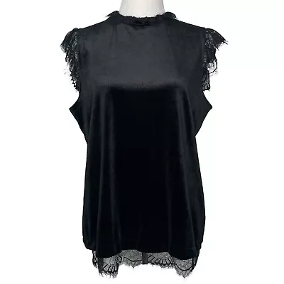 Rose + Olive Womens Top Size Large Lace Neck Sleeves Hem Black Velvet • £14.46