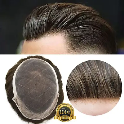 Mens Toupee French Lace Front Human Hair Piece Bleached Knots Replacement OCT • $219