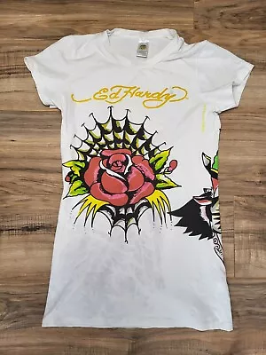 Ed Hardy Vintage Y2K Women's S Tee Shirt Rose Tiger White Sz M Made In USA • $19.71