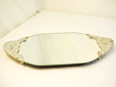 Vtg 15.5” Oval Mirror Footed Vanity Tray Ornate Scrolled Silver-plate Handles • $49.99