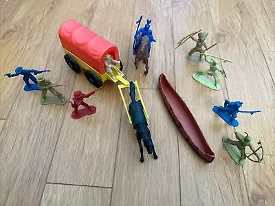 Lot Of 13 Vintage Plastic Cowboy & Indian Western Toys Figures Wagon Horses • $5