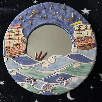 Lovely Nautical Ceramic Sail Boats At Sea Round Mirror Wall Art Hand Crafted • £38