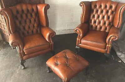 Chesterfield Queen Ann Chairs & Foot Stool Matching Pair In Antique Saddle Tan • £995