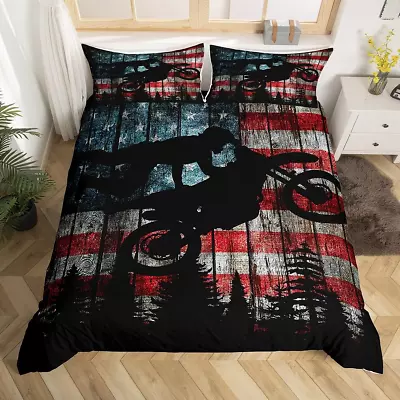 American Flag Duvet Cover Set Twin Size Boys Dirt Bike Racing Motocross Rider Be • $86.90