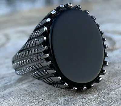 Mens Stainless Steel Fashion Art Deco Black Onyx Stone Ring Men Size 7-13 Gift • $9.99