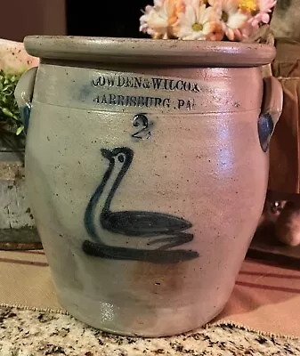 Antique Salt Glazed Stoneware COWDEN & WILCOX HARRISBURG PA 2 Gallon Swan Crock • $4295