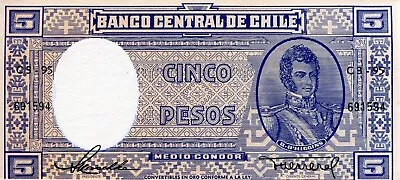 Chile 5 Pesos UNC Banknote. Single 5 Pesos 1958-1959 Series Currency Bill Note • $10