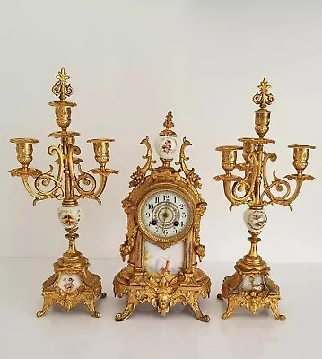 Antique French Gilt Clock Garniture Marti Et Cie Medaille D’Argent 1889 H 15” • $1299