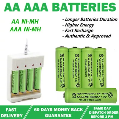 AA AAA Rechargeable Solar Light Batteries 600mAh 400mAh 300mAh NiMH 1.2V UK • £2.65