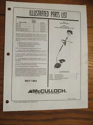 Used Mcculloch Mac Eager Beaver 28cc String Trimmer/ Brush  Parts List May 1993 • $8.65