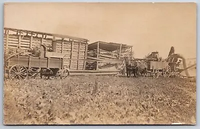 Farming~Horse Drawn Wagon Gives Help In Field~Loaded Bins~Equipment~c1910 RPPC • $15