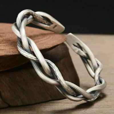 925 Sterling Men Bracelets Silver Thai Handmade Vintage Open Bangle Twisted Cuff • $11.15