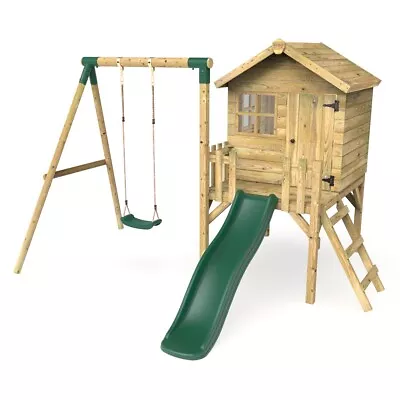 £759.95 • Buy Rebo Orchard 4FT X 4FT Wooden Playhouse + Swings, 900mm Deck & 6FT Slide - Solar