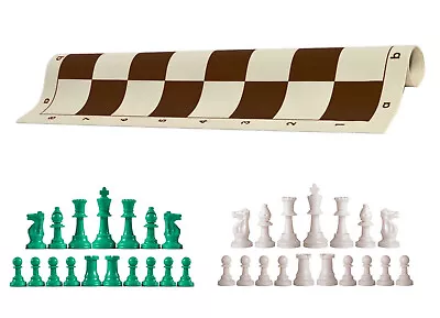 Green & White Chess Pieces & 20  Brown Vinyl Board - Triple Weighted Chess Set • $37.95