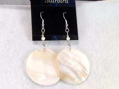 WHITE MOTHER OF PEARL ROUND PEARLESCENT  DANGLE EARRINGS 80's VIN • $15