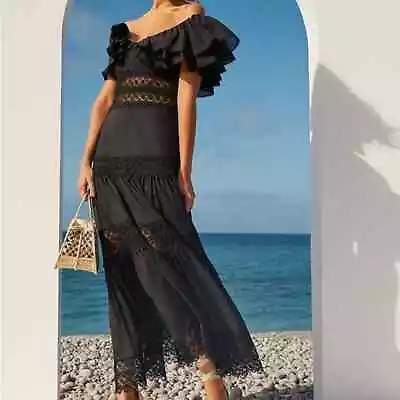 Charo Ruiz Ibiza Dress Maxi Black Florence Tiered Guipure Lace Off Shoulder • $300