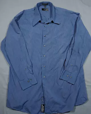 J Ferrar Button Shirt Mens L Blue Check 16.5 Long Sleeve Pocket Oxford Dress EUC • $11.99