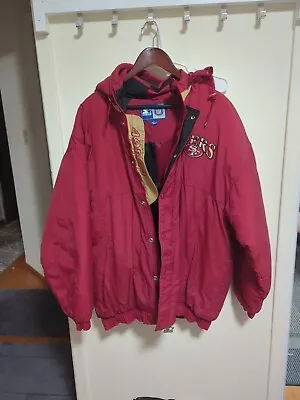 Vintage 90s Starter NFL San Francisco 49ers Red Parka Jacket Removable Hood L • $120