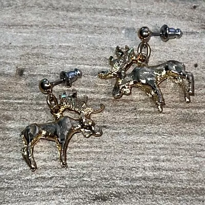Moose Dangling Earrings Hand Carved Surgical Steel Post Gold Tone • $15