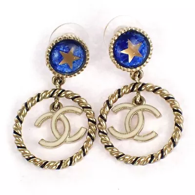 CHANEL CC Logo Drop Earrings Star Clip-On GHW Blue Accessory 31RJ576 • $318