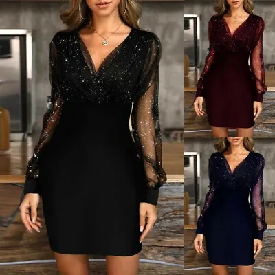 $29.99 • Buy Womens Sexy Mesh Sequin Bodycon V-Neck Ladies Cocktail Evening Party Mini Dress