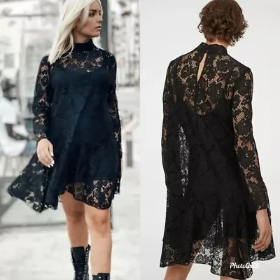 H&M Trend Conscious Lace Stand-Up Collar Black DRESS Blogger Fav S M  • $49