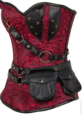 Charmian Steampunk Black And Red Faux Leather Trim Corset Size 6XL • $49