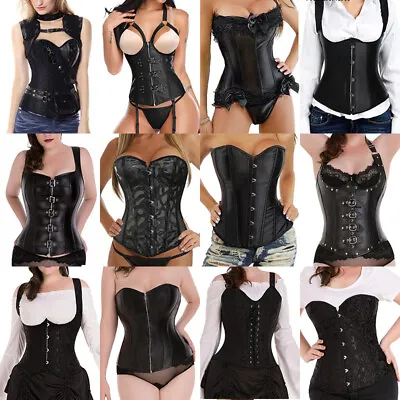 Black Steampunk Gothic Boned Corset Tops Bustier Overbust Basques Waist Trainer • £22.79