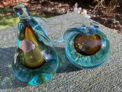 Alfredo Barbini Murano Sommerso Blue/amber Italian Art Glass Fruit Bookends • $275