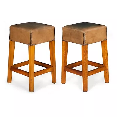Vintage Counter Height Oak & Cherry Worn Leather Barstools 24 1/4” H • $2100