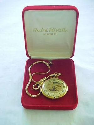 Swiss Made Andre Rivalle Skeleton Dial Open Face 17 Jewels Pocket Watch Runs • $34.95