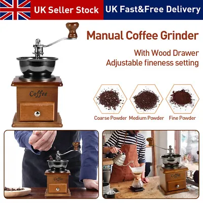 Manual Coffee Grinder Portable Hand Crank Coffee Mill With Wood Drawer Bean Gift • £13.59